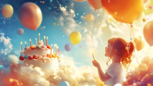 Where Wishes Float: Girl Gazes Upward at Cloudborne Birthday Cake
