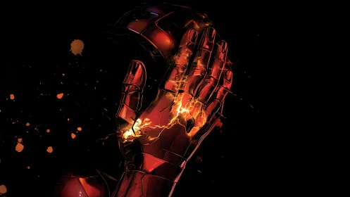 Damaged red armored gauntlet with internal energy rupture