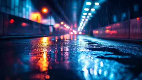 Neon reflections glide across a rain-soaked urban tunnel floor