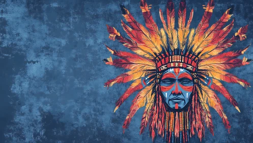 Vivid feathered headdress encircles a solemn painted face