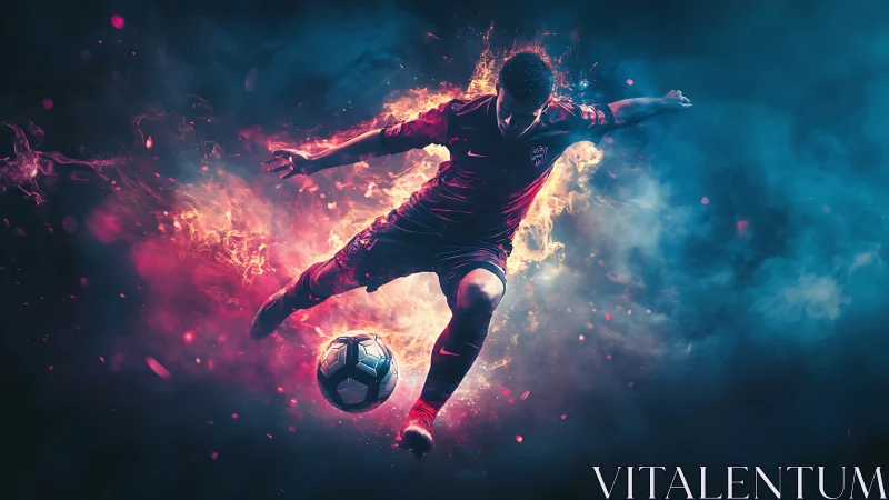 Fiery soccer striker launches a powerful kick in neon smoke