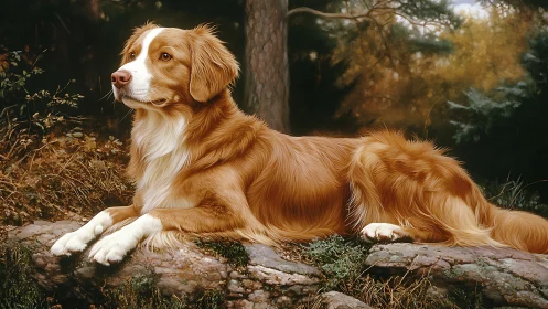 Golden retriever rests calmly on mossy forest stones.