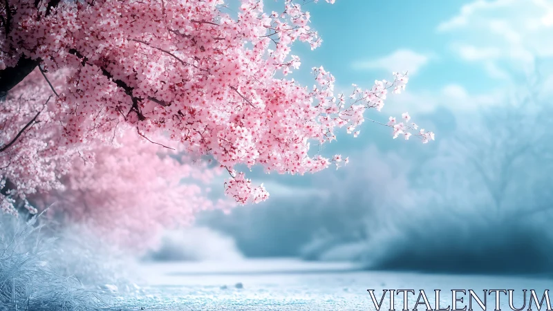 Soft cherry blossoms glow above a tranquil pastel riverside