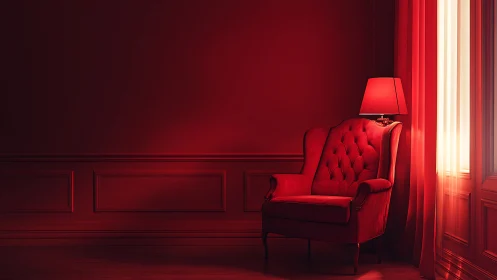 Monochromatic scarlet reading alcove with tufted wingback chair.