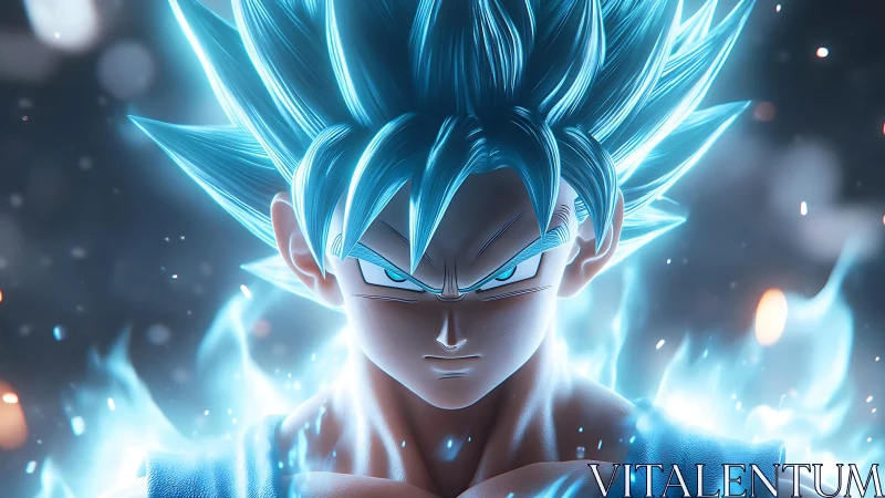 Blue-haired anime fighter with glowing energy aura portrait.