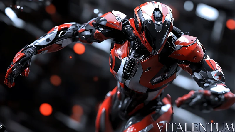Kinetically posed red combat exosuit with dynamic bokeh field