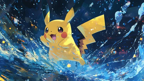 Electric mascot character jumps through abstract waterfield.