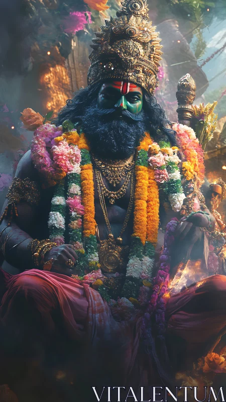 Seated mythic figure wears ornate crown and layered garlands