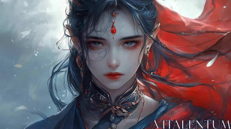 Mystic elf sorceress portrait with crimson windborne veil.