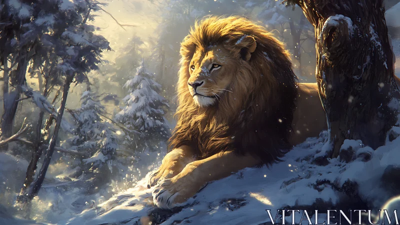 Male lion resting in a snowy conifer forest at sunrise.