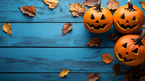 Three carved pumpkins rest on blue wooden planks