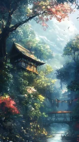 Mountain shrine above misted river gorge in spring light.