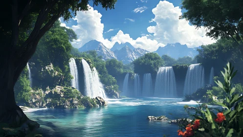 Multi-tier turquoise waterfall lagoon under alpine cumulus sky