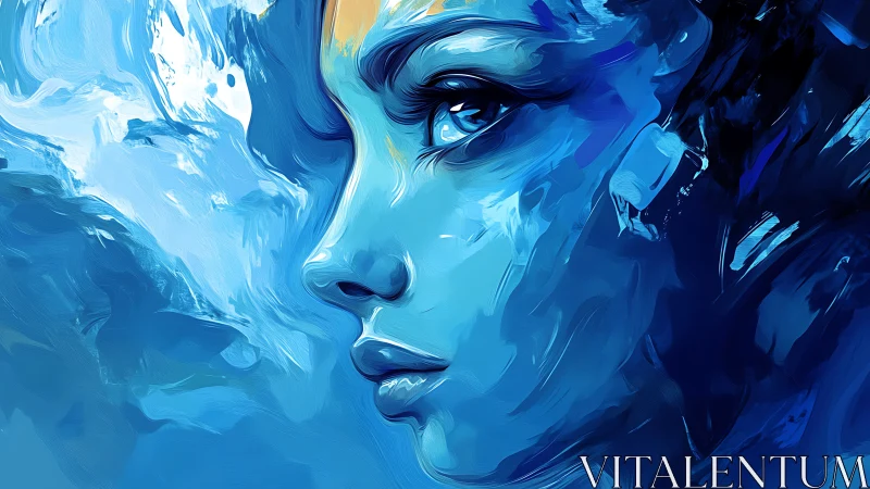 Monochrome cyan female profile in fluid gestural brushwork