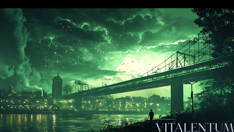 Green lit city bridge under stormy glowing night sky.