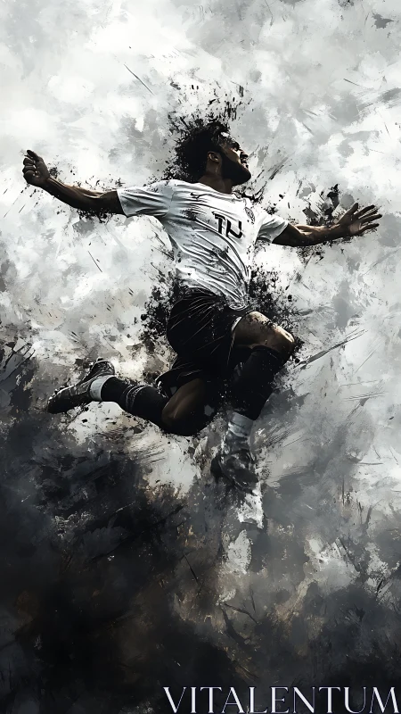 Dynamic digital painting of a leaping soccer player.