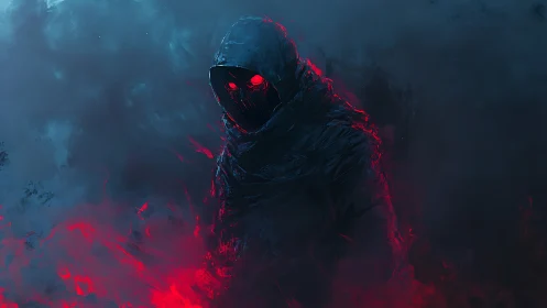Hooded ember wraith emerging from electric crimson fog.