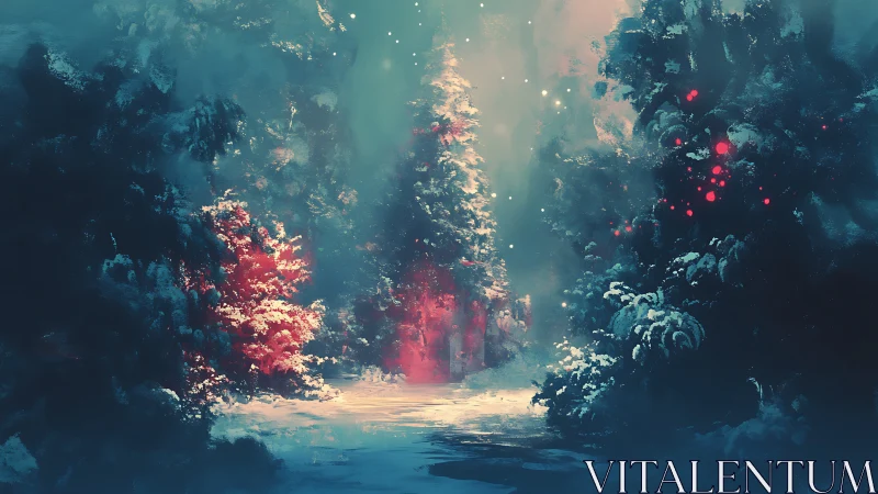 Luminous winter forest corridor with volumetric light scattering