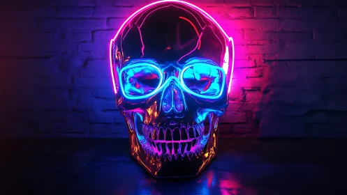Neon chrome skull under electric magenta and cyan glow.