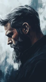 Brooding bearded man portrait in side profile painting.