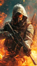Masked tactical soldier advances through blazing inferno