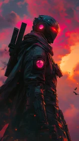 Cyberpunk sentinel in neon dusk with tactical armor design.