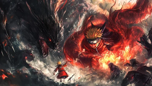 Intense anime battle with fiery chakra and dark beasts.