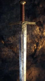 Medieval longsword with ornate gold hilt against stone wall.