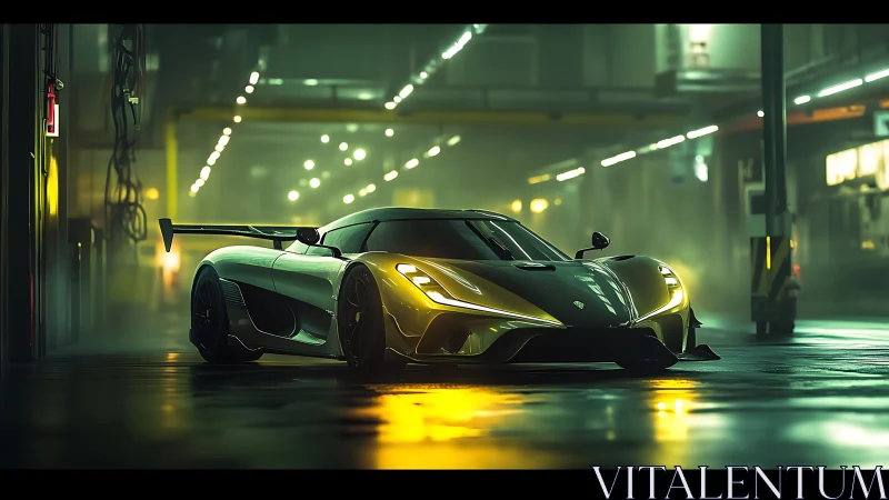 Sleek midnight supercar glows under moody city lights