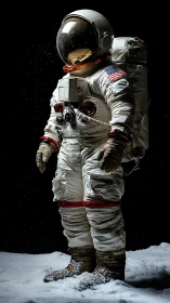 Classic astronaut stands on snowy lunar surface in silence.