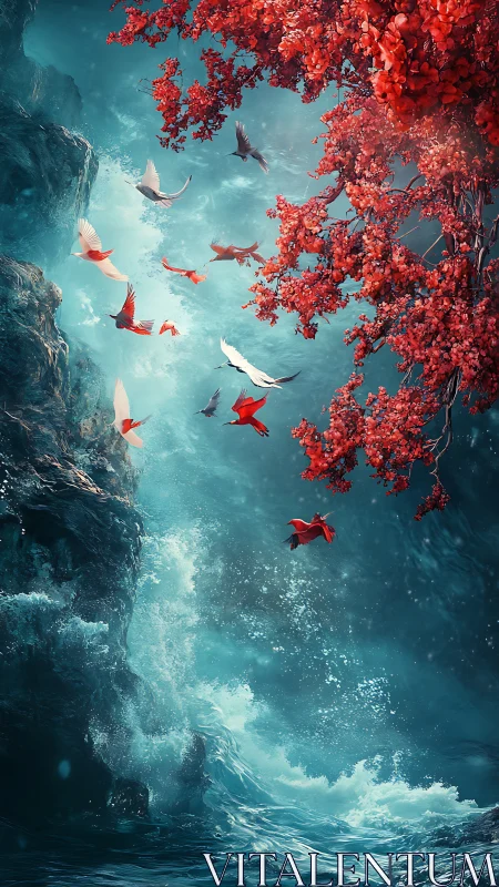 Scarlet foliage and doves above turquoise storm surge cascade