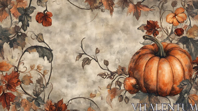 Autumn pumpkin illustration framed by swirling foliage vines