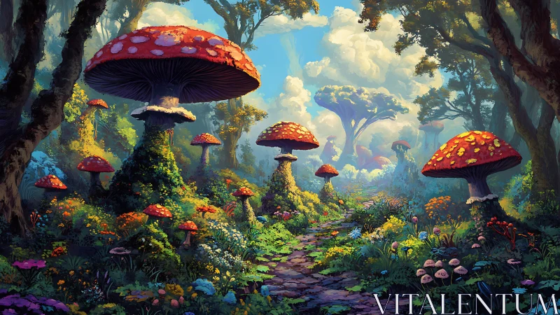 Giant scarlet mushrooms crown a luminous fairy forest path.