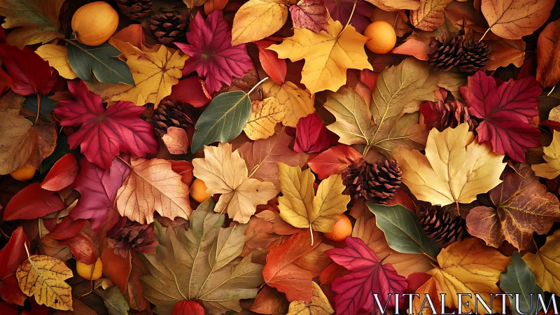 Chromatic macro array of autumn foliage and conifer cones.