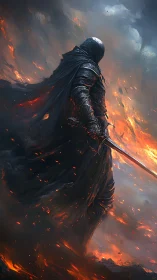 Hooded armored warrior stands amid swirling fire and smoke