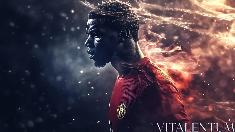 Dynamic football portrait with fiery motion effects in profile.