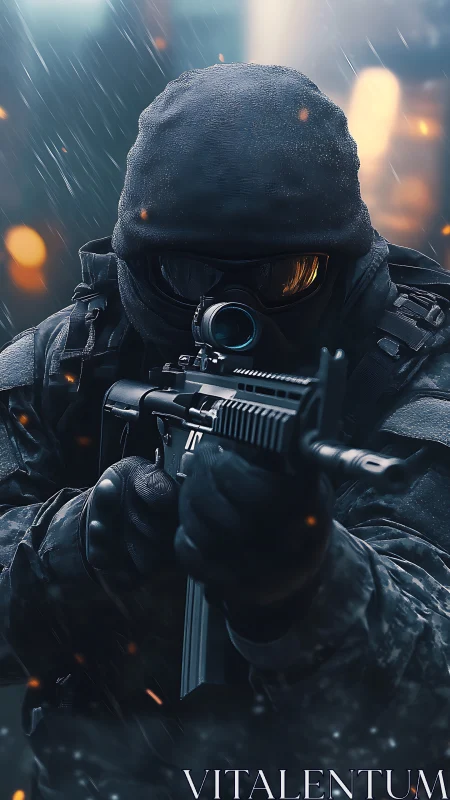 Tactical sniper aims rifle through rain and sparks in city.