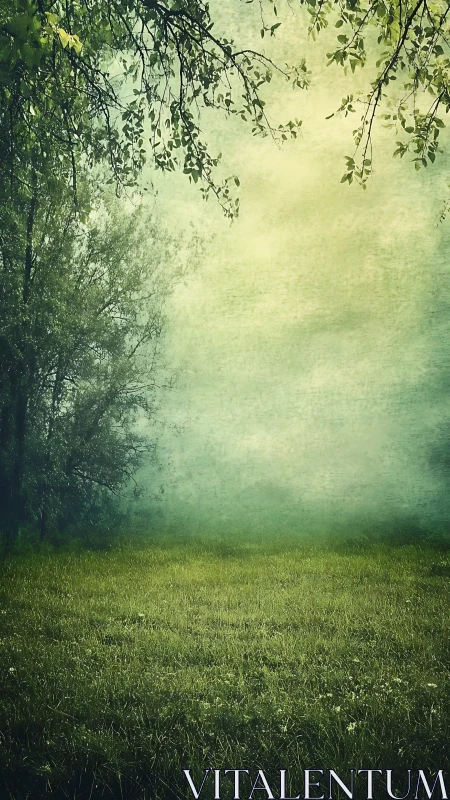 Misty meadow under overhanging foliage rendered in soft focus