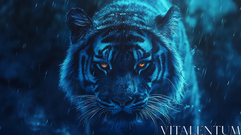 Bioluminescent-hued tiger advances through rain with high-contrast lighting