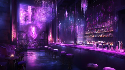 Purple illuminated bar interior with reflective surfaces.