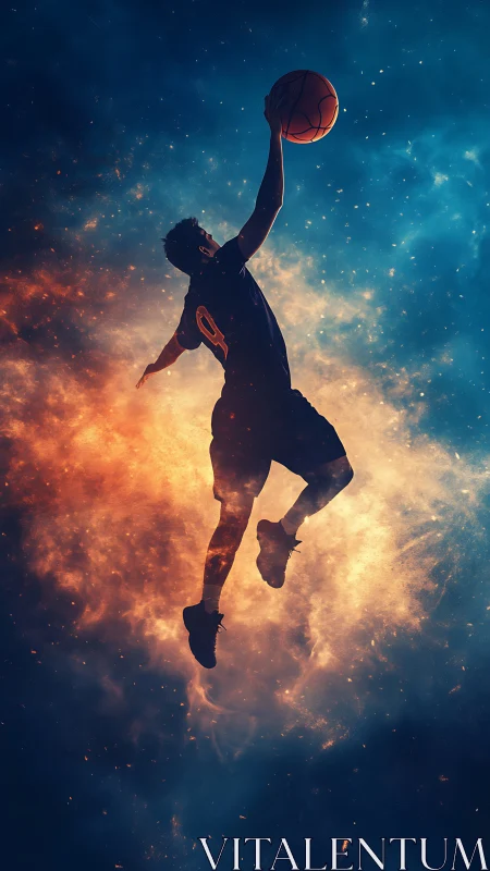 Basketball player soars through cosmic fire and nebula sky