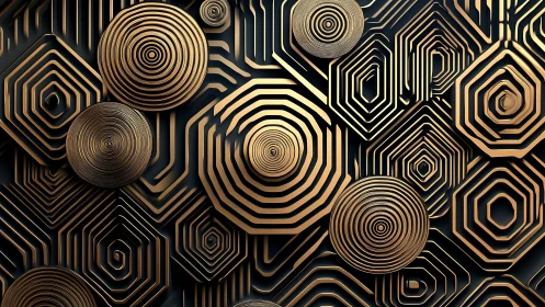 Metallic concentric rings intersect with hexagonal grid forms