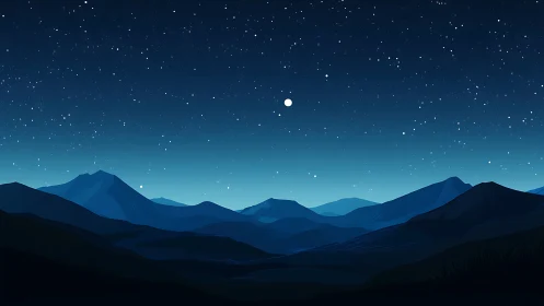 Star-filled night sky over layered blue mountain ranges