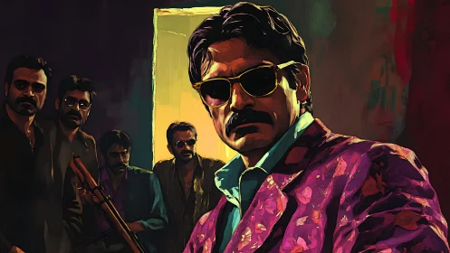 Gang leader in neon backlight wearing patterned magenta suit and shades