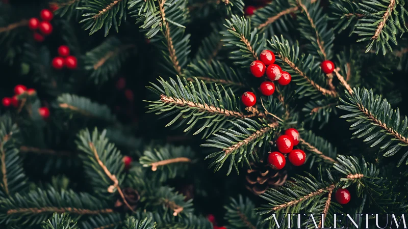 Evergreen branches cradle bright red berries in festive calm