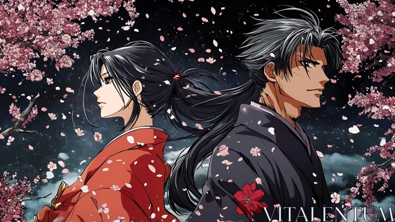 Samurai couple stand back to back under falling cherry blossoms