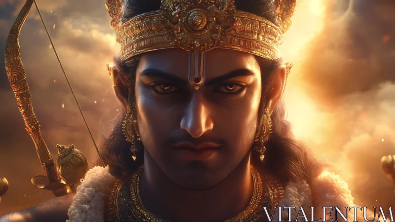 Gold-crowned warrior figure in frontal view against clouds.