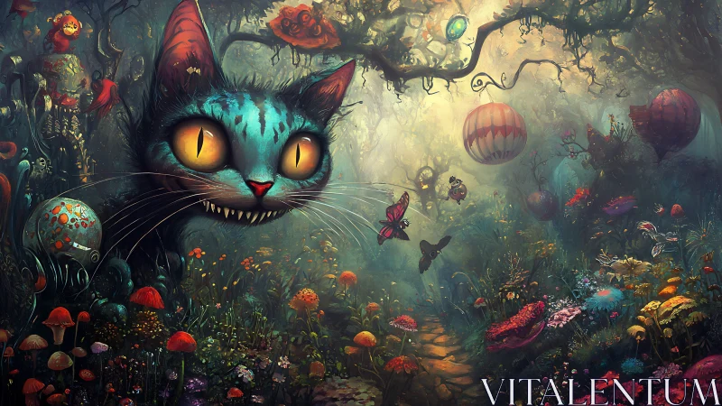 Surreal turquoise cat in glowing enchanted forest path.
