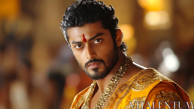 Regal warrior portrait in gilded attire and warm bokeh light.