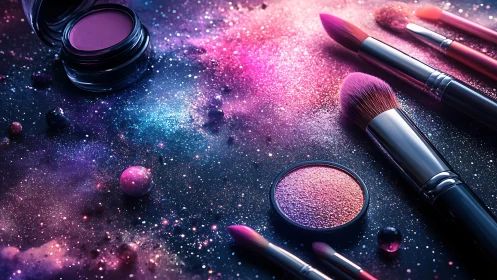 Cosmetic brushes on galaxy styled glitter background.